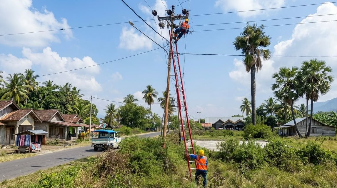Petugas PLN tengah melakukan pemulihan sistem kelistrikan di salah satu lokasi terdampak bencana gempa bumi Flores, Nusa Tenggara Timur.